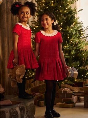 Girls' Red tweed Dress with Lace Collar